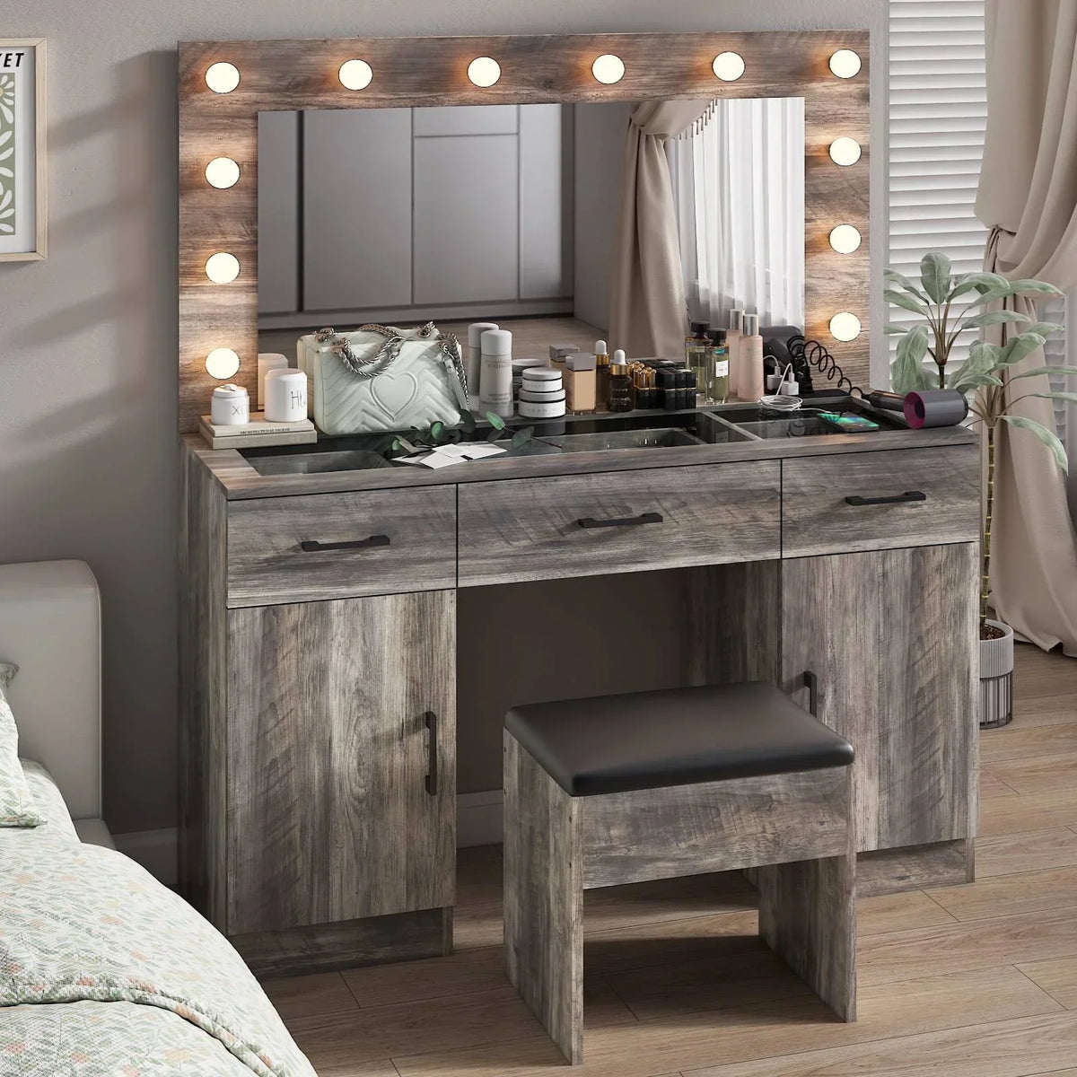 2026 NewKtaxon Large Makeup Vanity, Vanity Table Set w/ Visible Glass Top w/ Charging Station, White