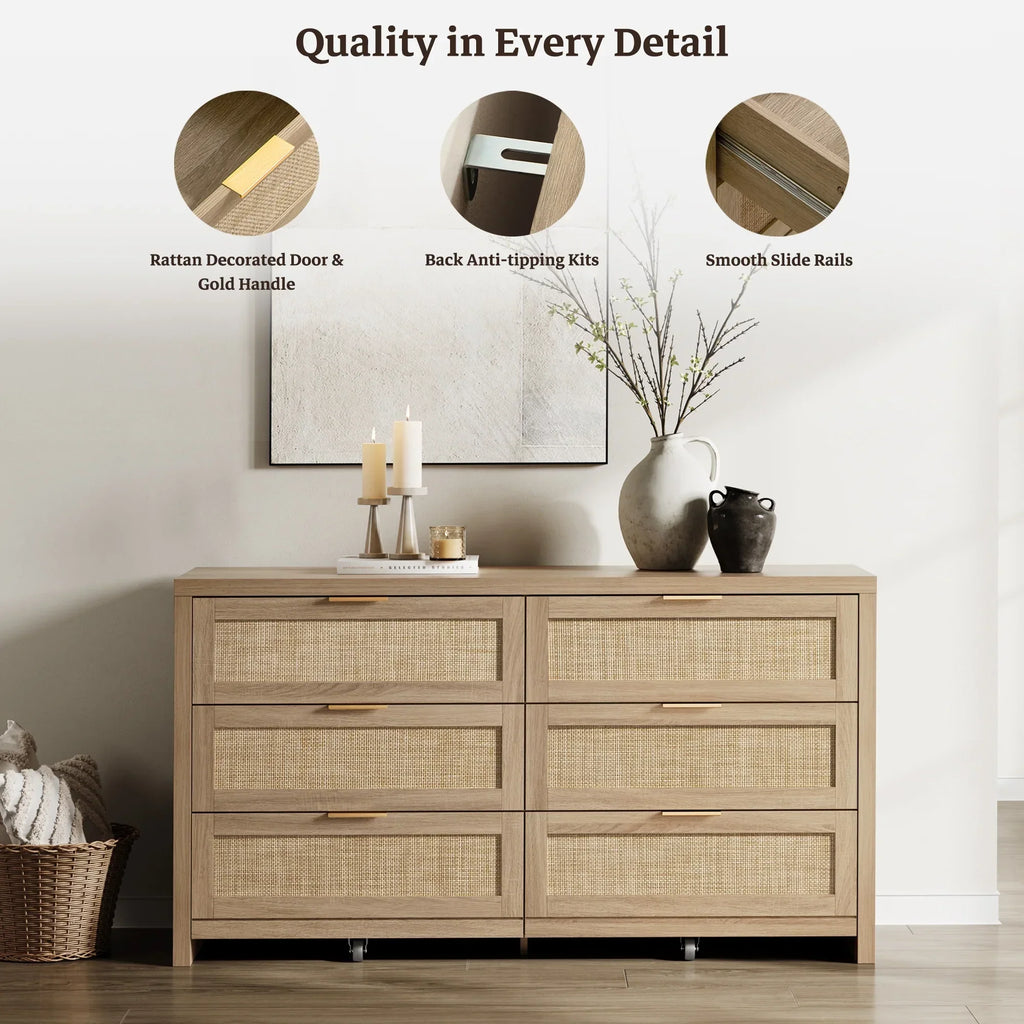 2026 NewSICOTAS 56.85" 6 Drawer Dresser,Rattan Dresser with Storage,Boho Dressers & Chests of Drawers Wooden Tall Dresser for Bedroom