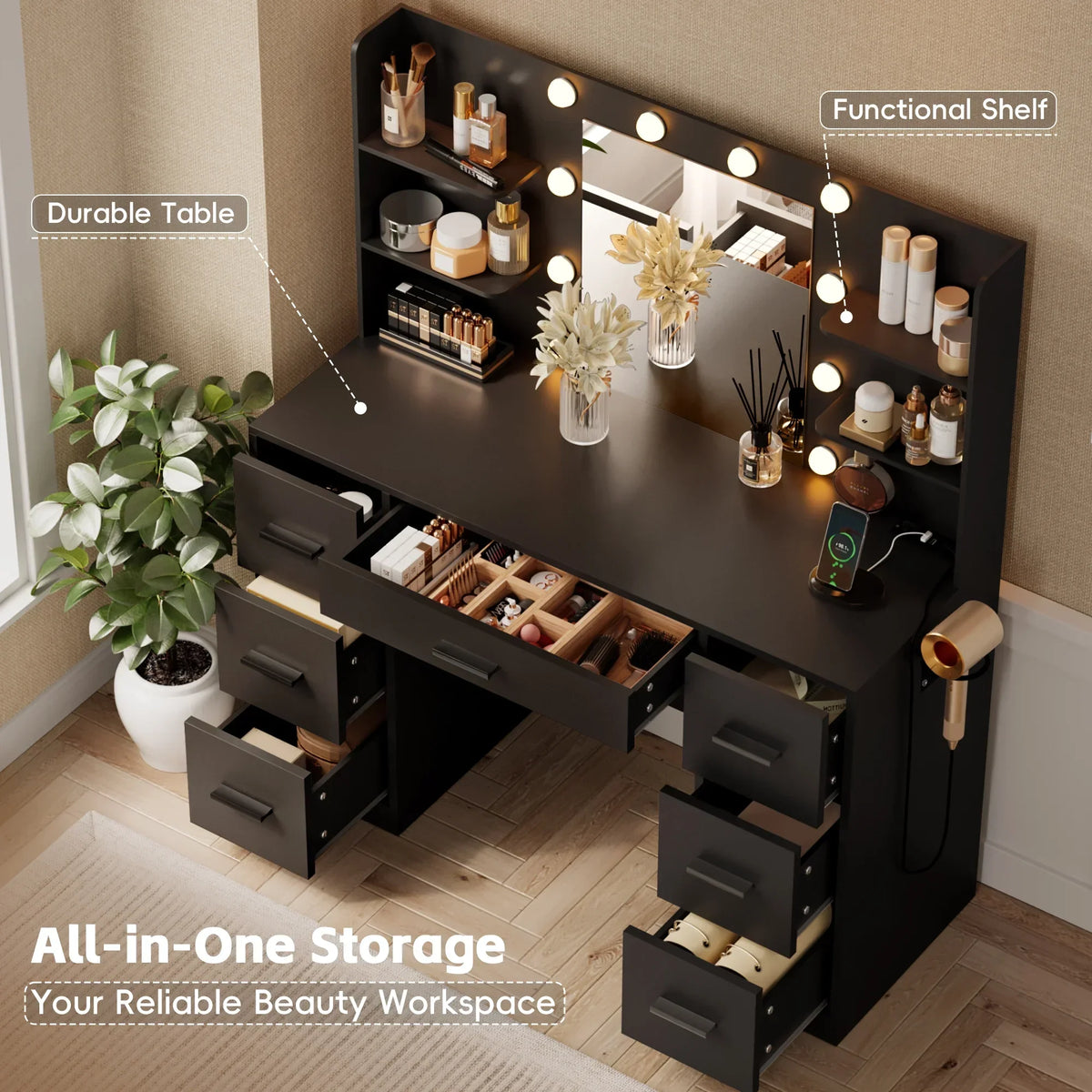 2026 NewLacoo Vanity Desk with Mirror and LED Lights, Makeup Vanity with 7 Drawers & 4 Shelves, Vanity Table with Power Outlet for Bedroom Dressing Room, White