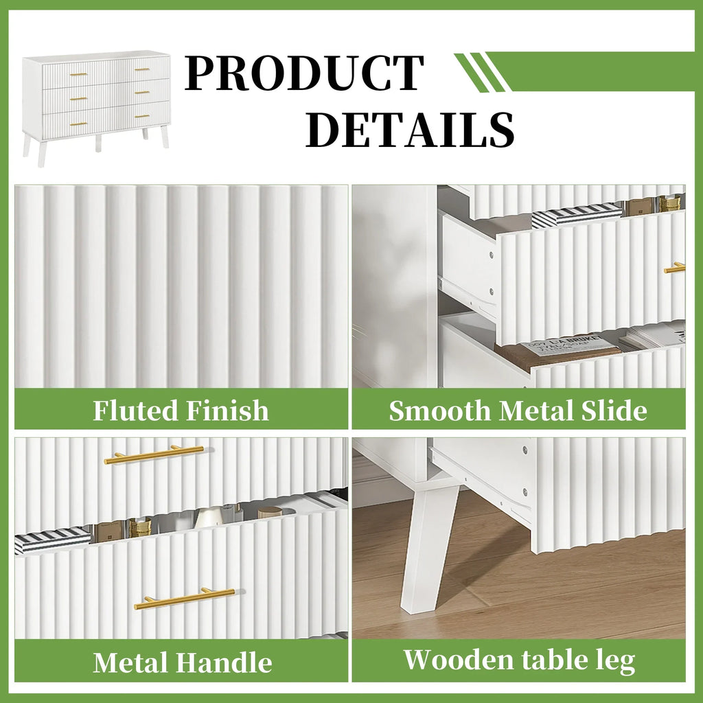 2026 NewFluted 6 Drawers Dresser, Wide Modern Chest of Drawers, 6 Drawer Double Dresser
