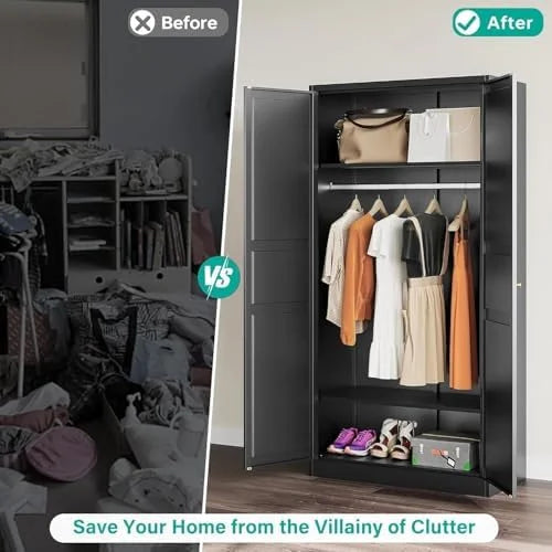 2026 NewMetal Wardrobe Cabinet with Hanging Rod,Black Armoire Wardrobe Closet,Metal Clothing Storage Cabinet with Adjustable Shelves and Doors,72" Cloth Storage Cabinets for Home,Living/Laundry Room