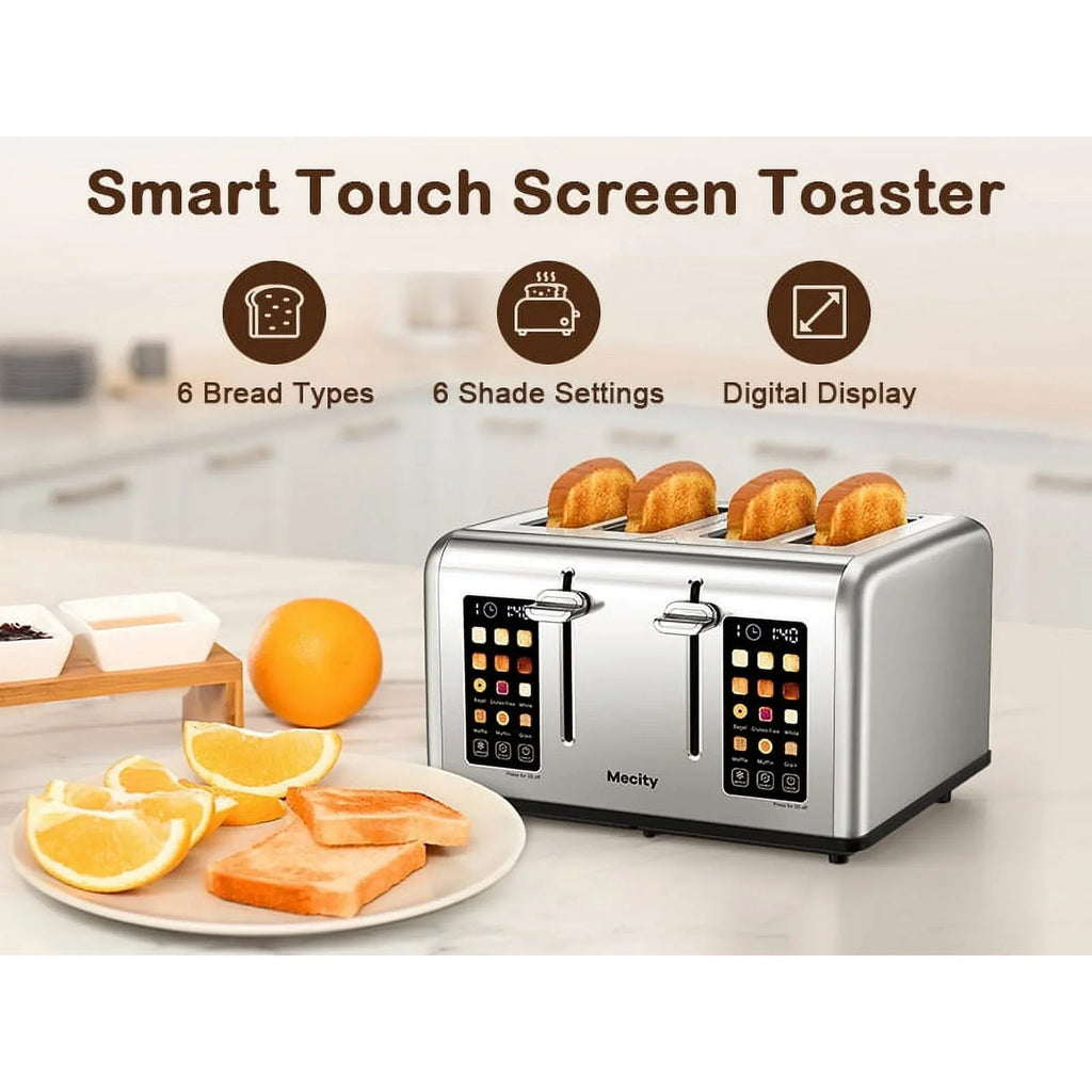 2026 NewMecity 4-Slice Touchscreen Toaster, Stainless Steel, 6 Browning Settings, Reheat, Cancel, Defrost, Removable Tray