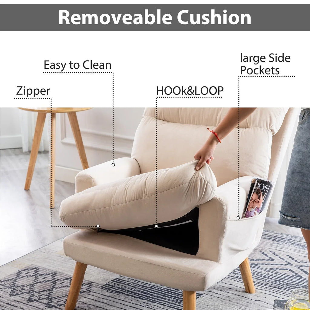 2026 NewBestier Adjustable Accent Chairs with Ottoman, Velvet Fabric Armchair for Bedroom Living Room, Comfy Lounge Chair with Padded Backrest and Side Pocket, Soft Reading Chair, Beige