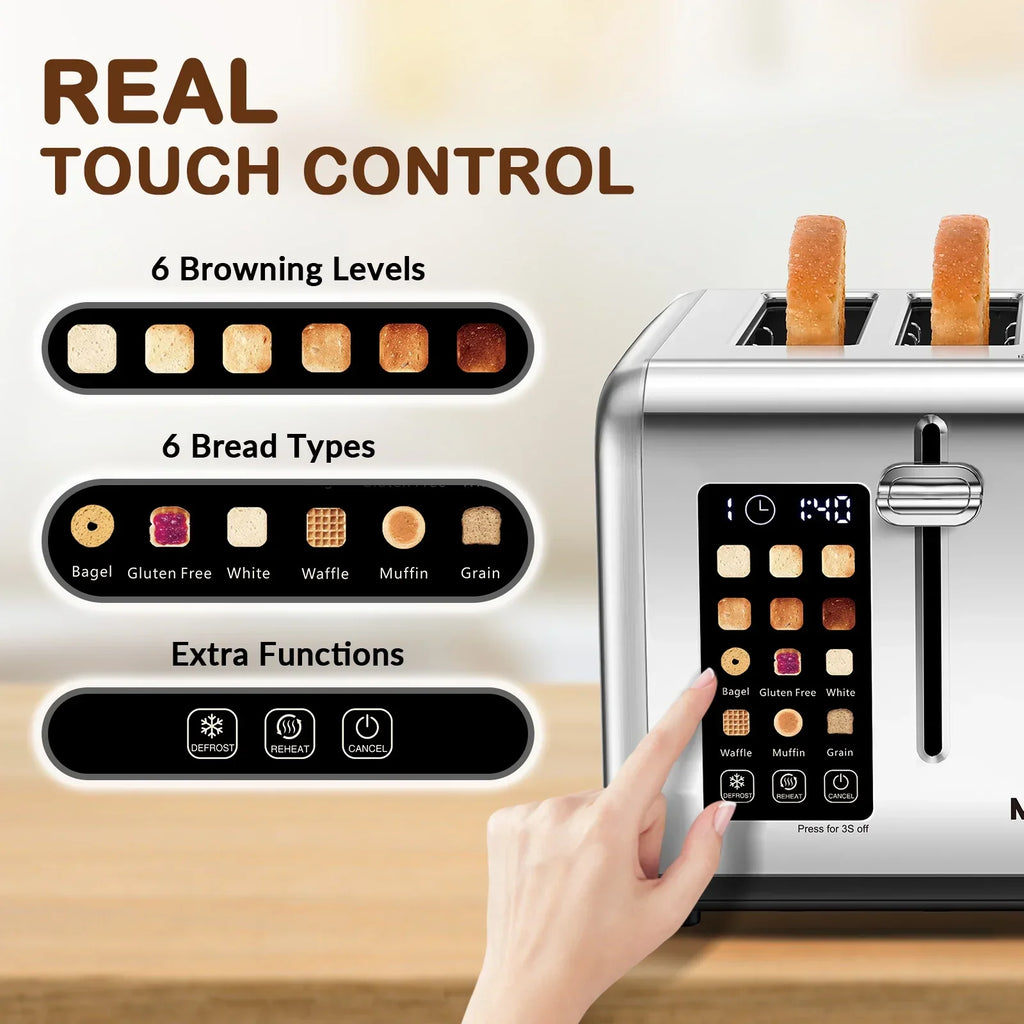 2026 NewMecity 4-Slice Touchscreen Toaster, Stainless Steel, 6 Browning Settings, Reheat, Cancel, Defrost, Removable Tray