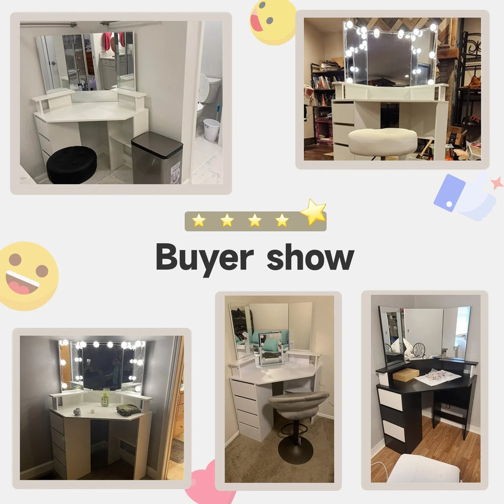 2026 NewVeanerwood White Corner Vanity Desk with Mirror and Light,Makeup Table with 4 Drawers and Charging Station for Bedroom