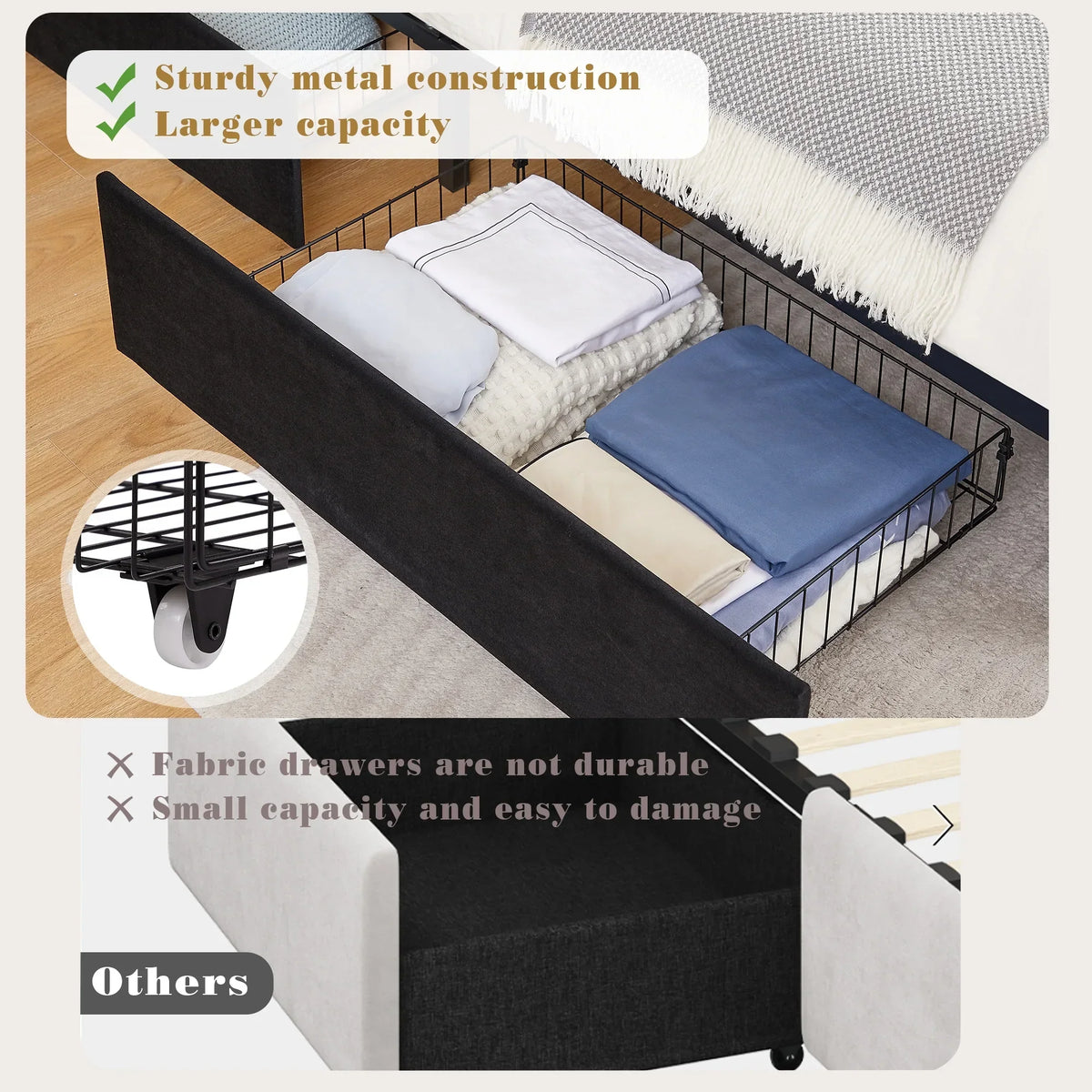 2026 NewVECELO Full Bed Frame with 4 Storage Drawers (Wheeled) and Tufted Upholstered Adjustable Headboard Platform Bed, Beige