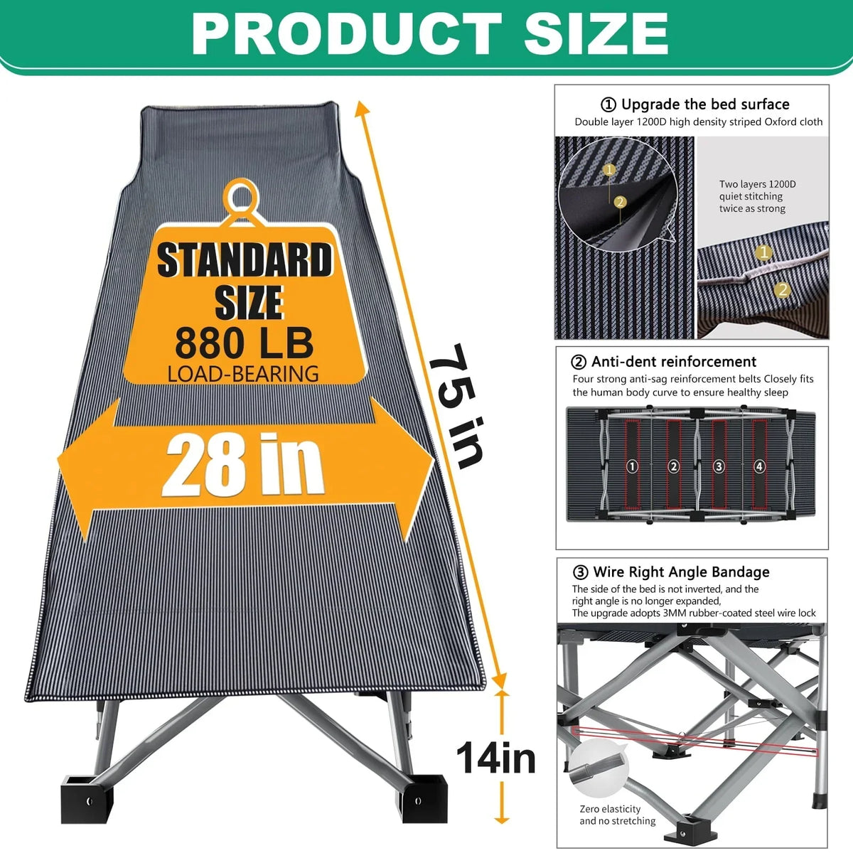 2026 NewABORON Portable Camping Cot with Mattress & Carry Bag, 75''x28'' Folding Sleeping Cots, Folding Bed Cot for Adults & Kids