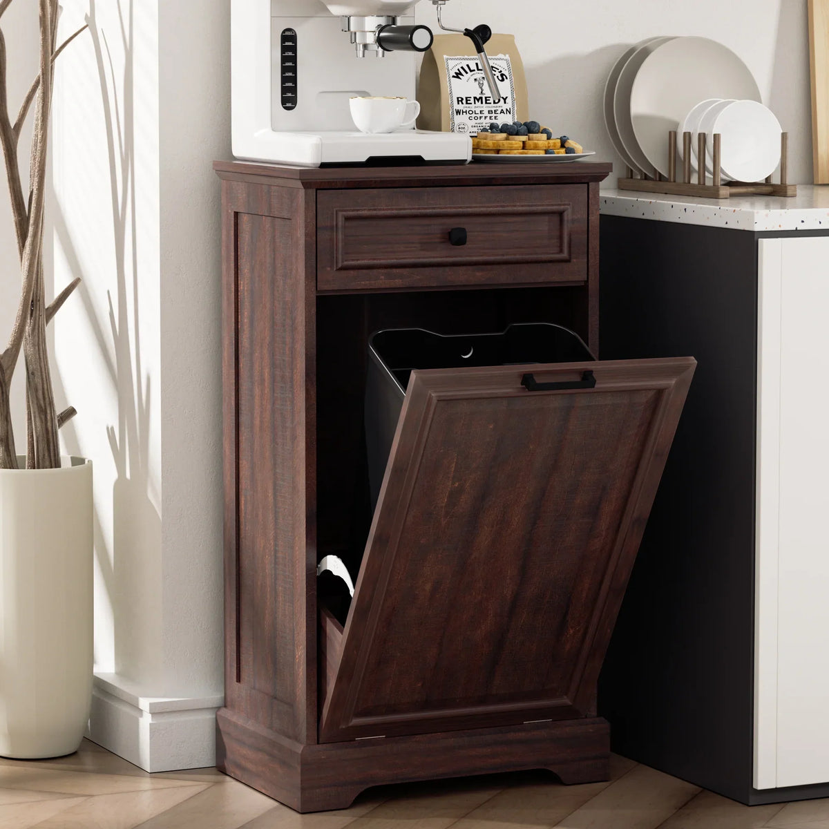 2026 NewHARIPUL Single Tilt Out Trash Cabinet for 13 Gallon Waste Bin, Free Standing Kitchen Trash Can Cabinet with Drawers, White