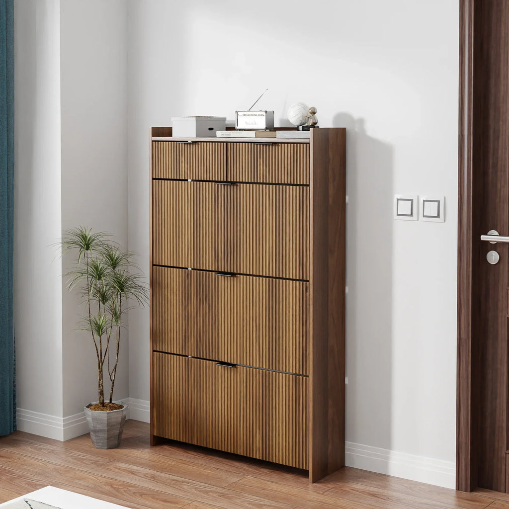 2026 NewShoe Cabinet, Free Standing Tipping Bucket Shoe Rack Organizer with 3 Flip Drawers, Modern Entryway Narrow Shoe Rack with 2 Drawers & Top Storage, for Hallway Bedroom, Walnut