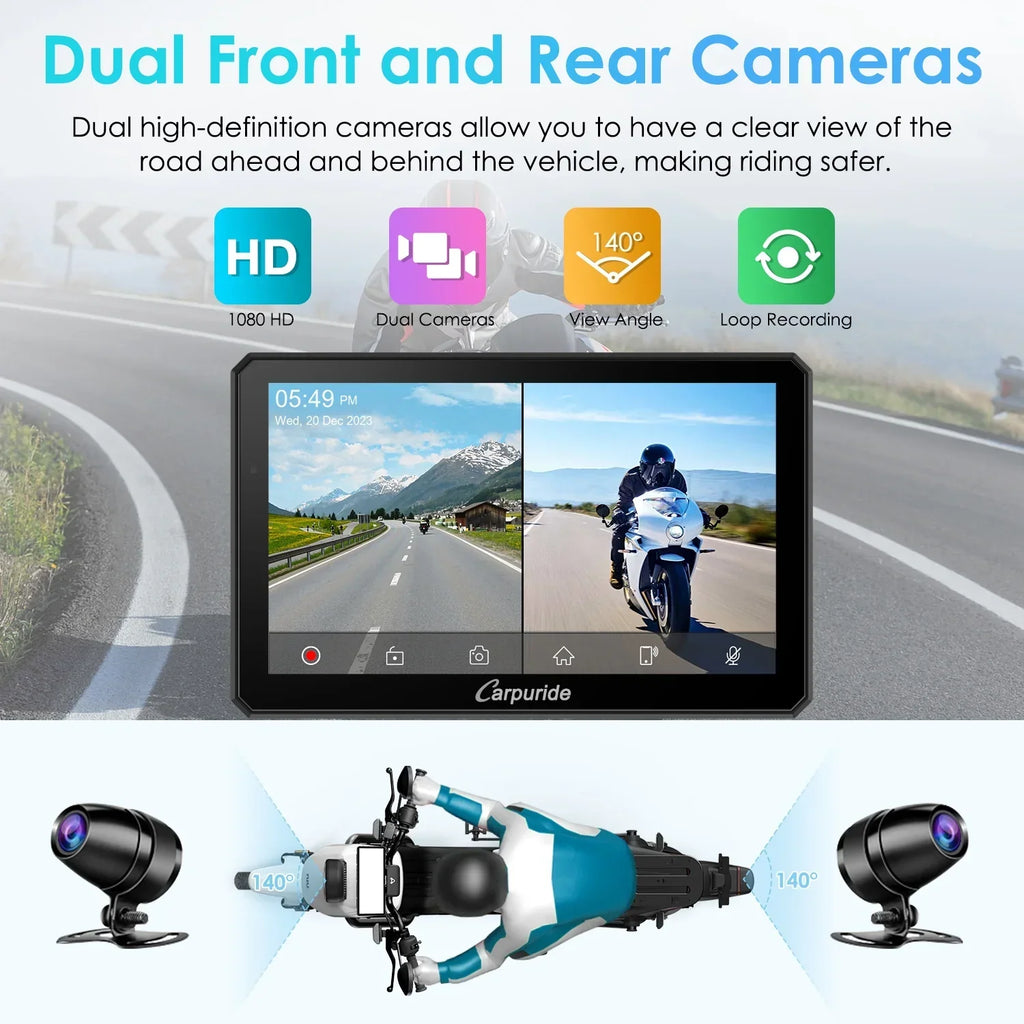 2026 NewCarpuride Motorcycle HD Dual 1080P Dash Cam, Wireless Apple CarPlay & Android Auto Wire Control, Horizontal Vertical Rotation 7" Touch Screen (712D)