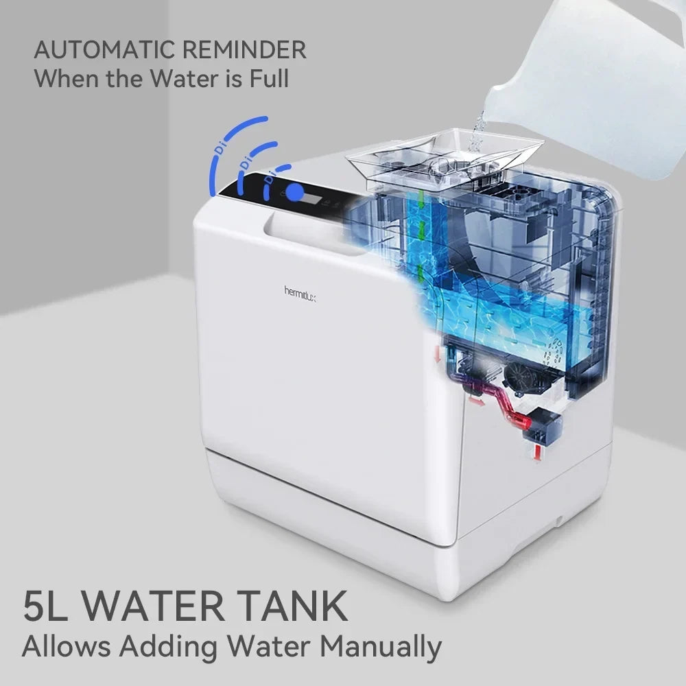 2026 NewHermitlux Portable Countertop Dishwasher, 5 Washing Programs, 5L Built-in Water Tank and Air-Dry Function, HMX-DW03