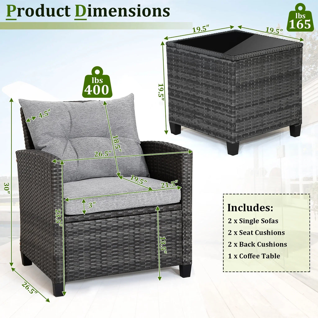 2026 NewGymax 3PCS Patio Rattan Sofa Set Outdoor Wicker Conversation Set Glass Tabletop w/ Grey Cushion
