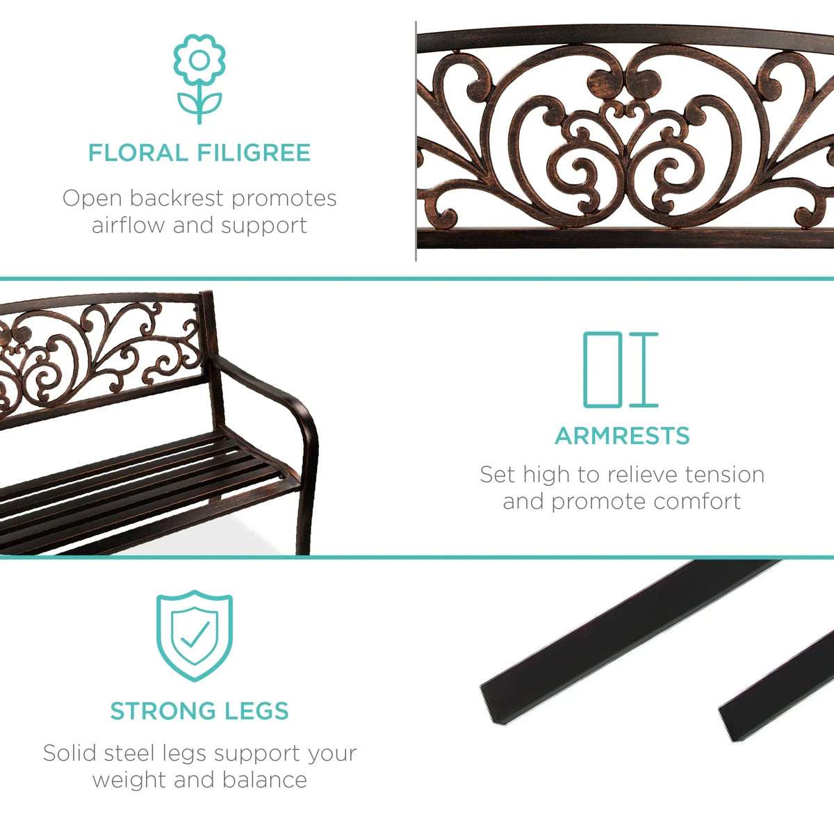 2026 NewBest Choice Products Outdoor Steel Bench Garden Patio Porch Furniture w/ Floral Design Backrest - Black