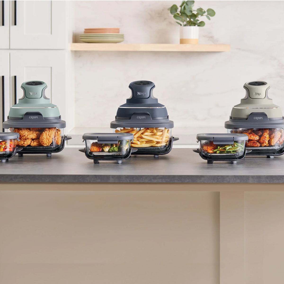 2026 NewNinja Crispi 4-in-1 Portable Glass Air Fryer Cooking System, 4-Qt & 6-Cup Containers, Cyberspace