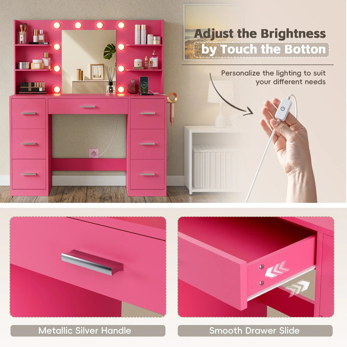 2026 NewLacoo Vanity Desk with Mirror and LED Lights, Makeup Vanity with 7 Drawers & 4 Shelves, Vanity Table with Power Outlet for Bedroom Dressing Room, White