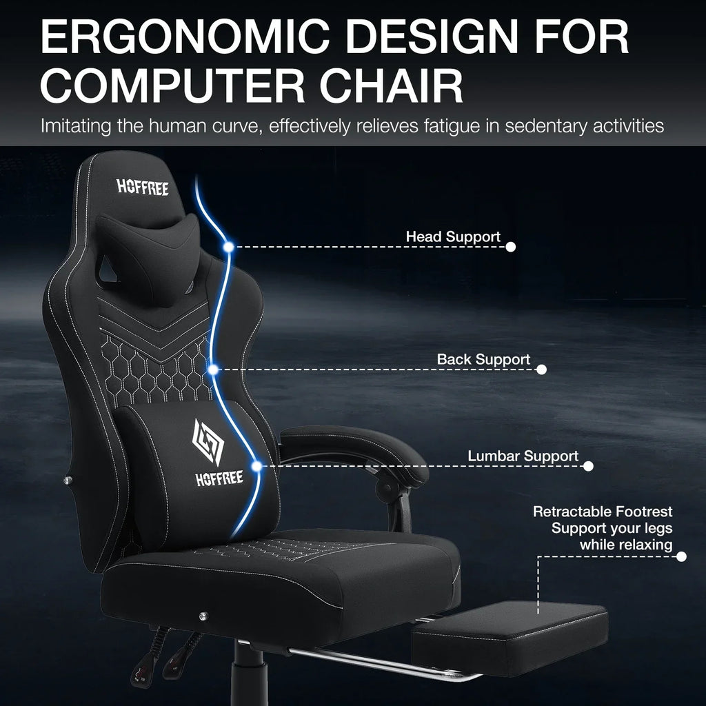 2026 NewHoffree Gaming Chair with Massage Fabric Office Chair with footrest for Adults, Ergonomic Gamer Chair with Headrest and Lumbar Support for Office Gaming, 440 LBS