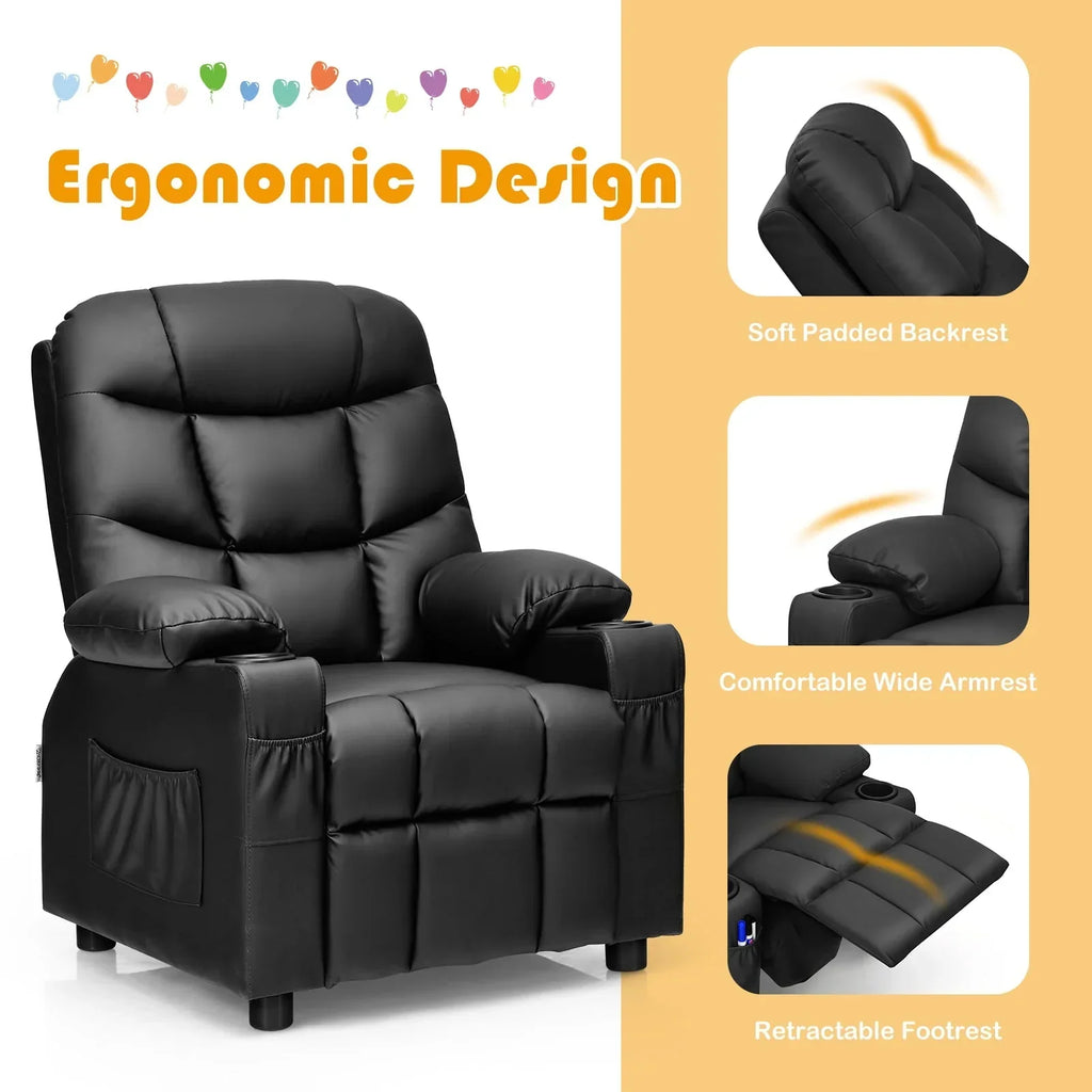 2026 NewInfans Kids Youth Recliner Chair PU Leather w/Cup Holders & Side Pockets Black