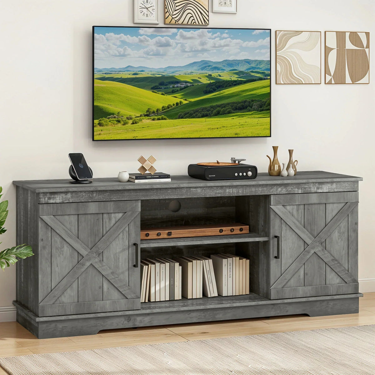 2026 NewDextrus Farmhouse TV Stand for 65 inch TV, Entertainment Center for Living Room, TV Media Console Cabinet, Grey Wash