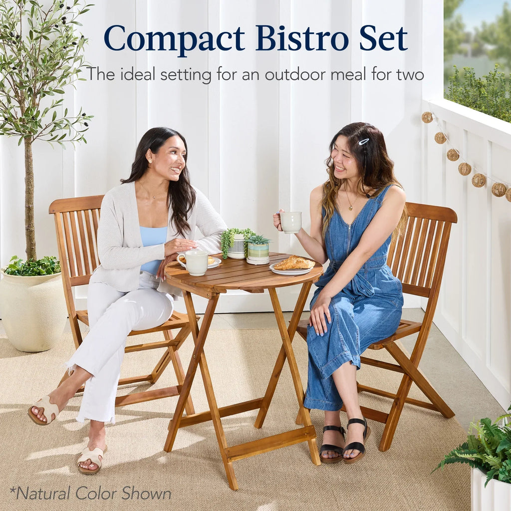 2026 NewBest Choice Products 3-Piece Acacia Wood Bistro Set, Folding Patio Furniture w/ 2 Chairs, Table - Natural