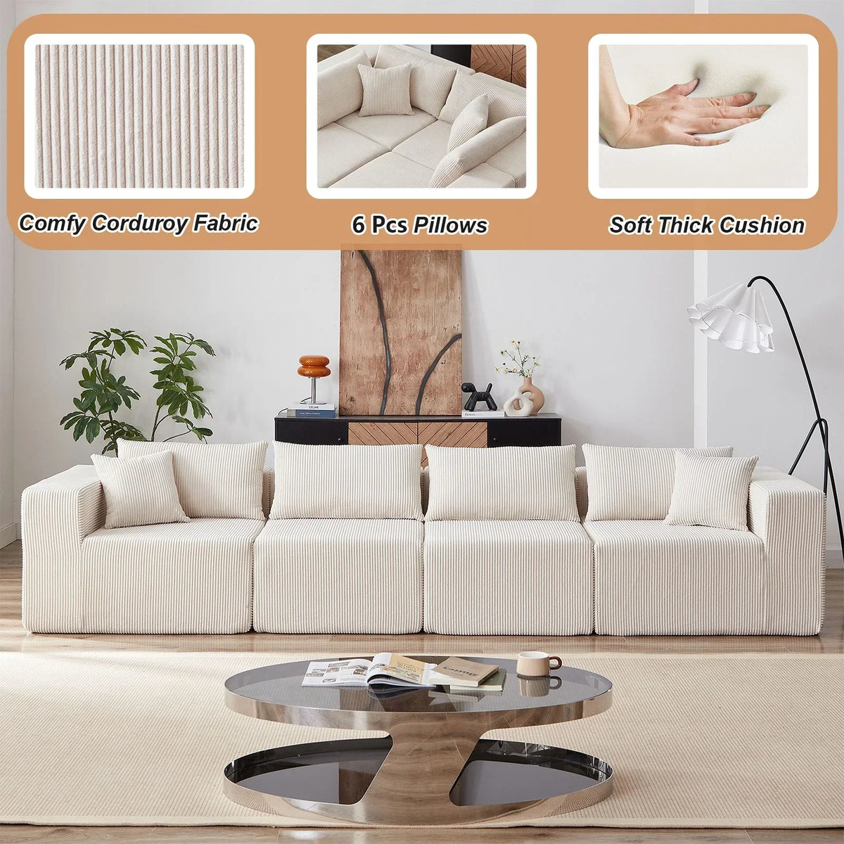 2026 New104-Inch Corduroy Modular L Shaped Sectional Sofa,Luxury Floor Couch Set,Upholstered Indoor Furniture,Foam-Filled Compressed Sofa for Living Room,Bedroom,4 PC Free Combination