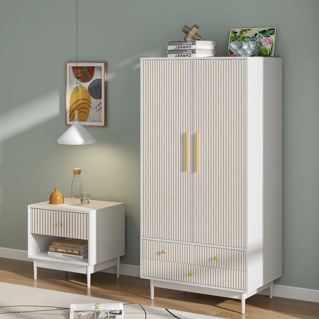 2026 NewArmoire Wardrobe Closet with 2 Doors, Wardrobe Cabinet with Hanging Rod and Drawers, Wooden Closet for Bedroom, White
