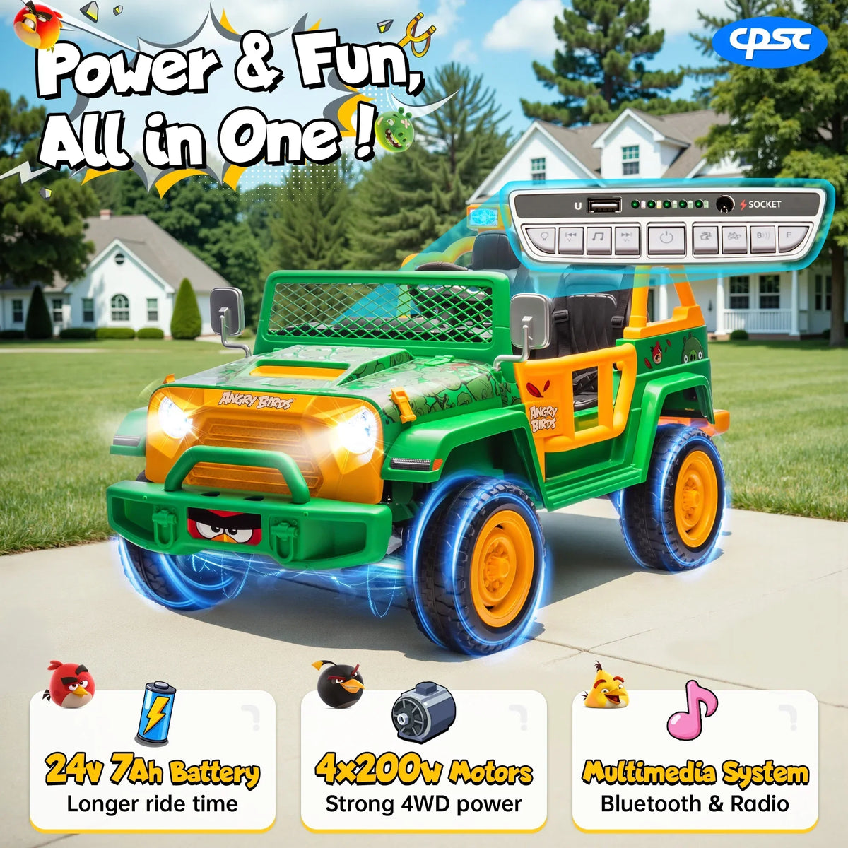 2026 NewJoyracer 24 Volt Ride on Toys for Big Kids, Licensed Angry Birds Ride on Truck with Remote, 2 Seater 4WD Electric Ride ons with Shovel, Bluetooth, Lights, Power Car Wheels for 3-8, 130lbs, Green