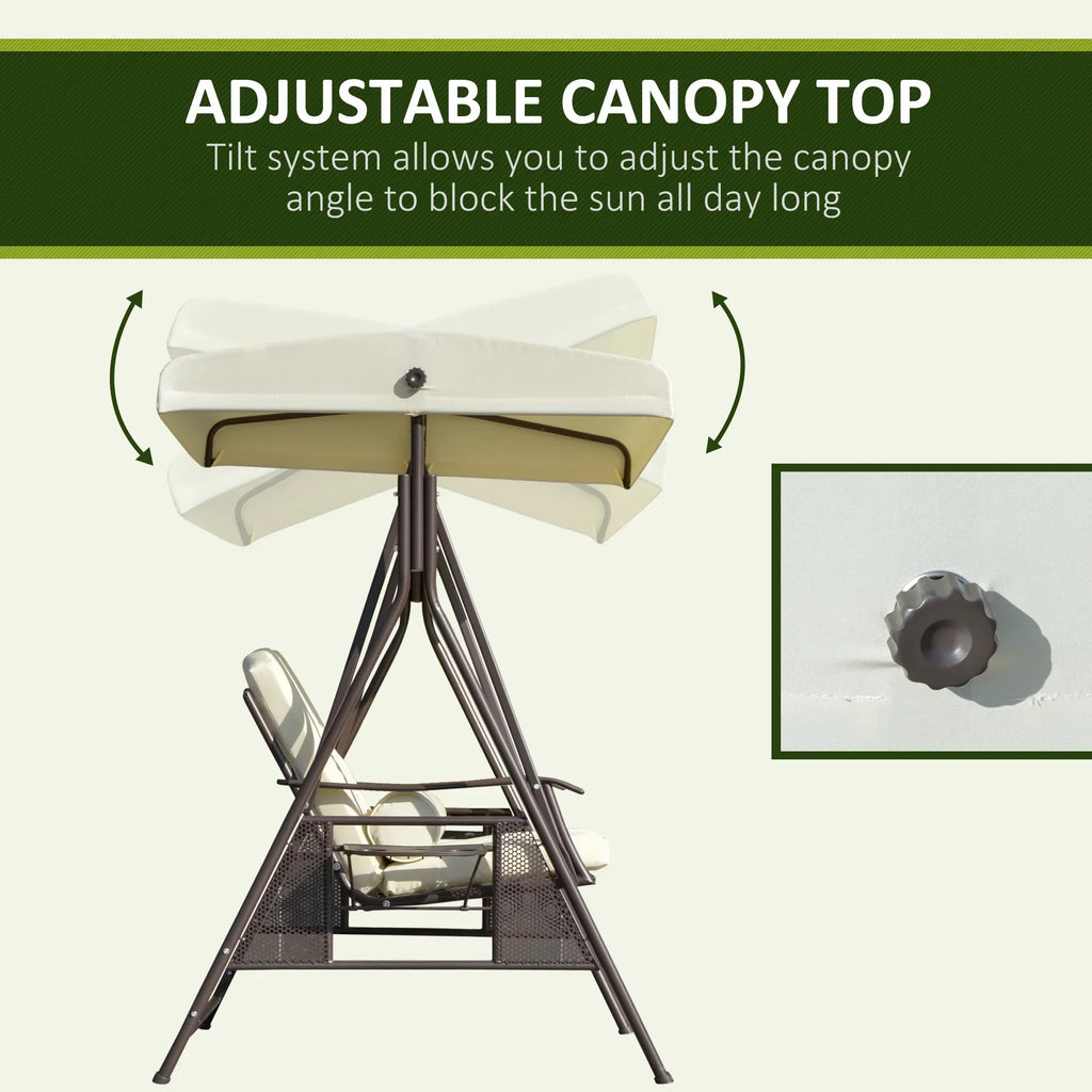 2026 NewOutsunny 2-Person Patio Swing Bench with Adjustable Shade Canopy, Soft Cushions, Throw Pillows and Tray, Beige.