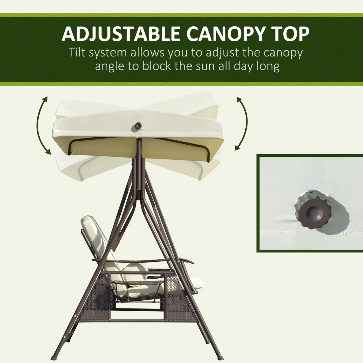 2026 NewOutsunny 2-Person Patio Swing Bench with Adjustable Shade Canopy, Soft Cushions, Throw Pillows and Tray, Beige.