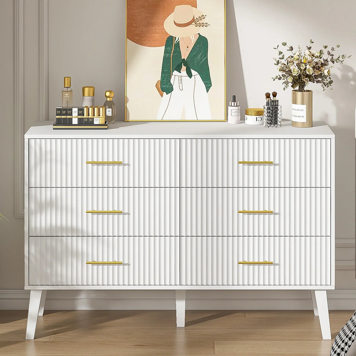 2026 NewFluted 6 Drawers Dresser, Wide Modern Chest of Drawers, 6 Drawer Double Dresser