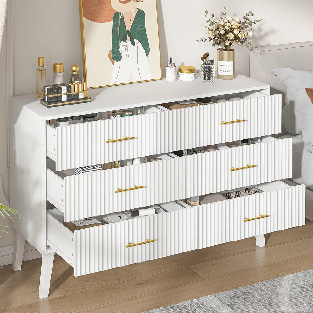 2026 NewFluted 6 Drawers Dresser, Wide Modern Chest of Drawers, 6 Drawer Double Dresser