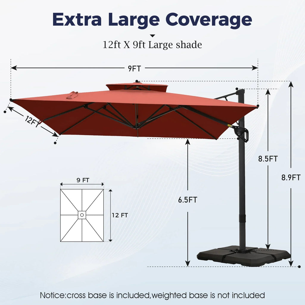 2026 NewAlpha Joy 12x9ft Outdoor Patio Umbrella Large Rectangle Offset Cantilever Double Umbrella with 360°Rotation, Beige