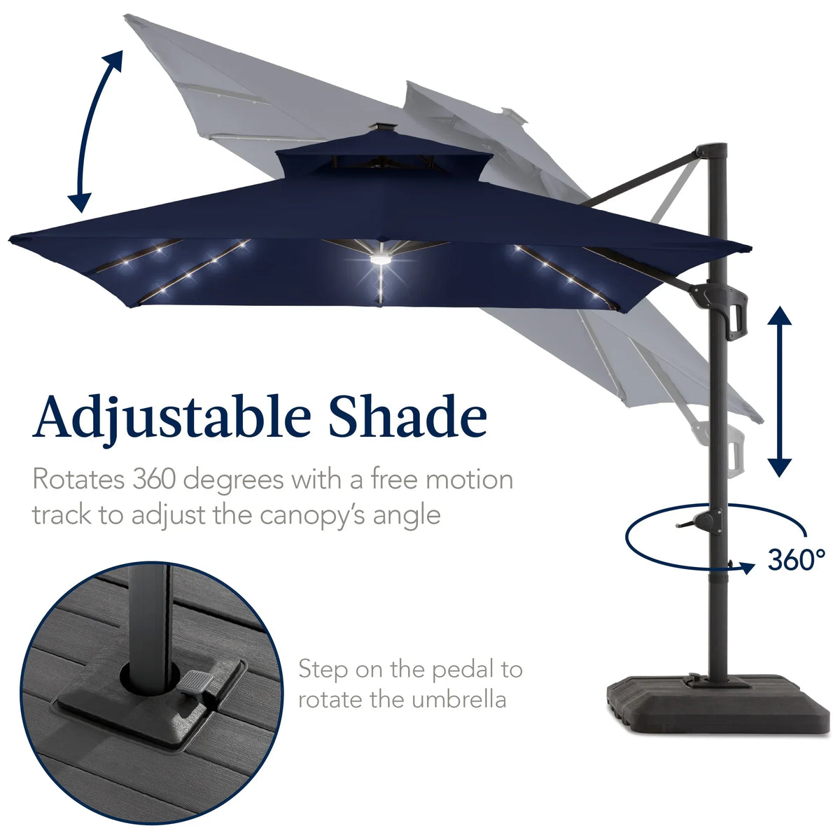 2026 NewBest Choice Products 12x12ft 2-Tier Square Outdoor Solar LED Cantilever Umbrella w/ 360-Rotating Base Navy Blue