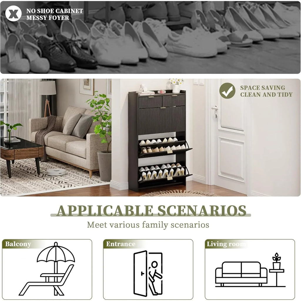 2026 NewShoe Cabinet, Free Standing Tipping Bucket Shoe Rack Organizer with 3 Flip Drawers, Modern Entryway Narrow Shoe Rack with 2 Drawers & Top Storage, for Hallway Bedroom, Walnut