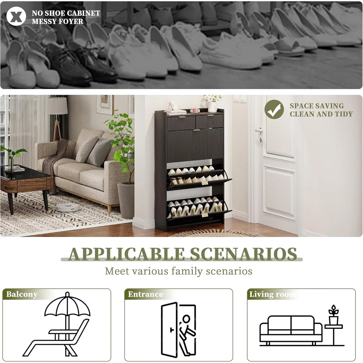 2026 NewShoe Cabinet, Free Standing Tipping Bucket Shoe Rack Organizer with 3 Flip Drawers, Modern Entryway Narrow Shoe Rack with 2 Drawers & Top Storage, for Hallway Bedroom, Walnut