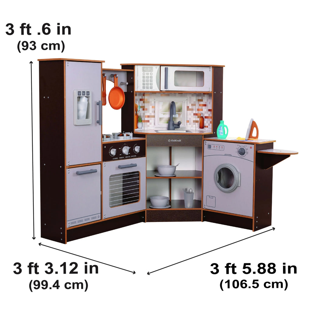 2026 NewKidKraft Elegant Espresso Wooden Corner Play Kitchen with 19 Accessories, for Children 3+