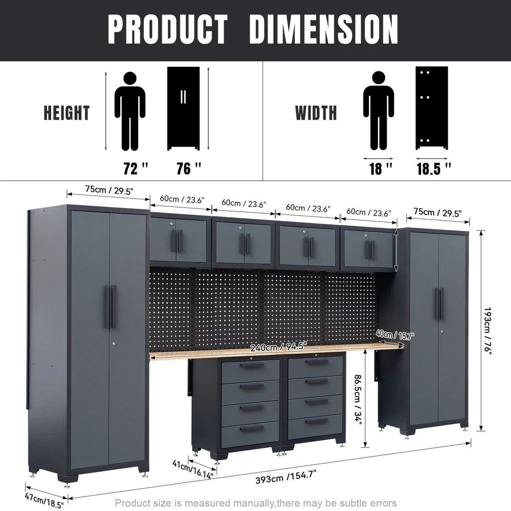 2026 NewHPDMC Garage Storage Cabinet System 7-Pcs Workshop Set Metal Garage Cabinets System with Steel Cabinet Drawers, Workbench, Pegboard for Garage Tool Organization