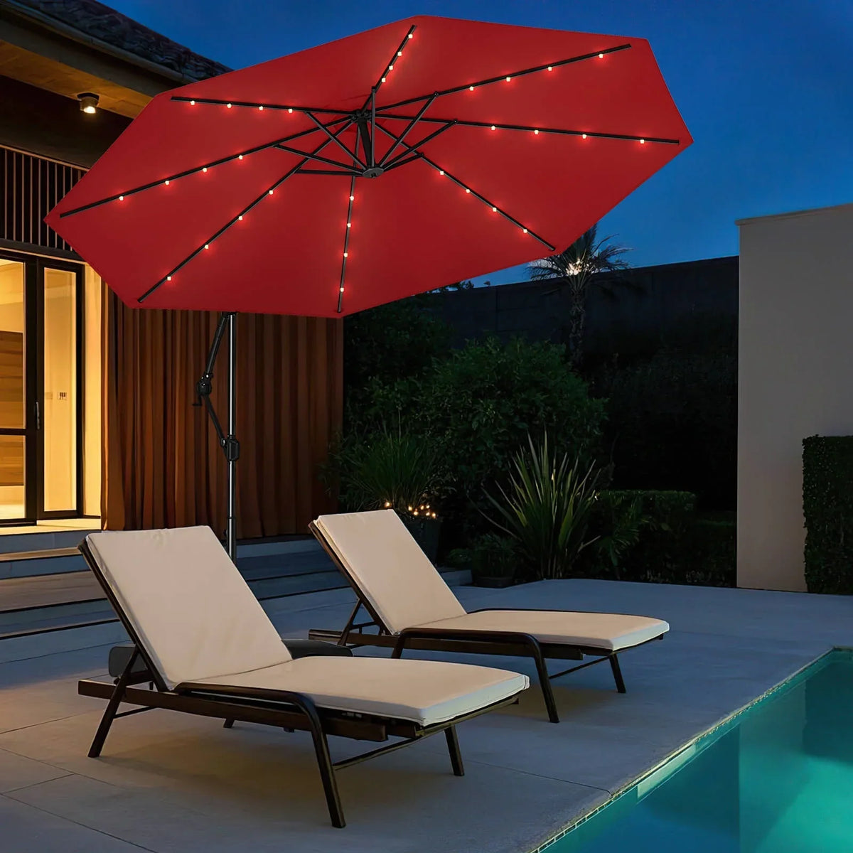 2026 NewCostway 10 FT Solar Offset Hanging Umbrella Patio Cantilever Umbrella with 32 LED Lights Brown