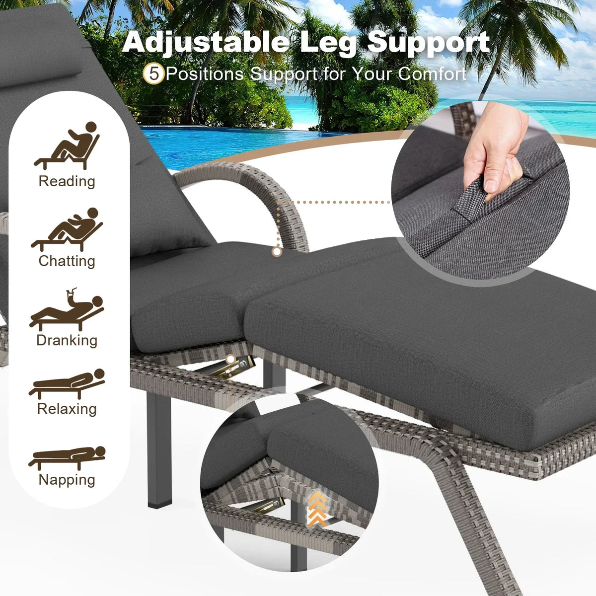 2026 NewMEISSALIVVE 4-Piece Outdoor Lounge Chairs, Pool Chairs with Adjustable 5 Position Backrest, PE Rattan Chaise for Backyard Porch Deck (Gray)