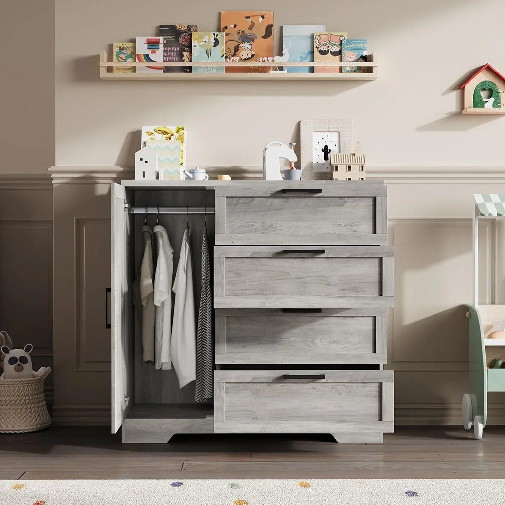 2026 NewAtaucjin Wood Armoire Wardrobe Closet with 4 Drawers and Door, 43.3" H Bedroom Wardrobe Cabinet with Hanging Rod, Clothing Storage Cabinets, 4 Drawers Dresser with Storage Closet