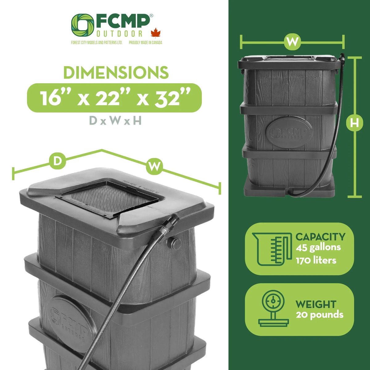 2026 NewFCMP Outdoor WG4000-GRY Home Outdoor Wood Grain Rain Water Catcher Barrel
