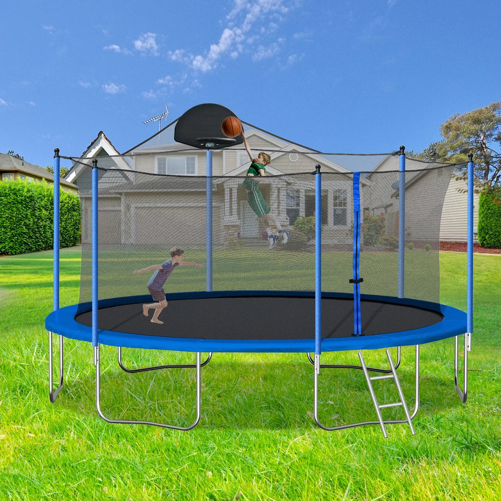 2026 New14FT Outdoor Trampoline with Safety Enclosure, Steel Tube Frame, Ladder & Secure Net - Heavy Duty, Blue