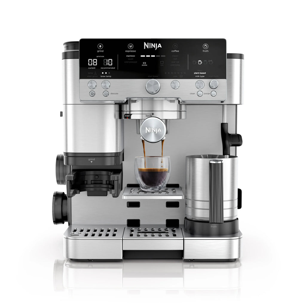 2026 NewNinja Luxe Cafe Premier Series, Stainless Steel Espresso Machine and Drip Coffee Maker with integrated Coffee Grinder and Milk Frother, ES601