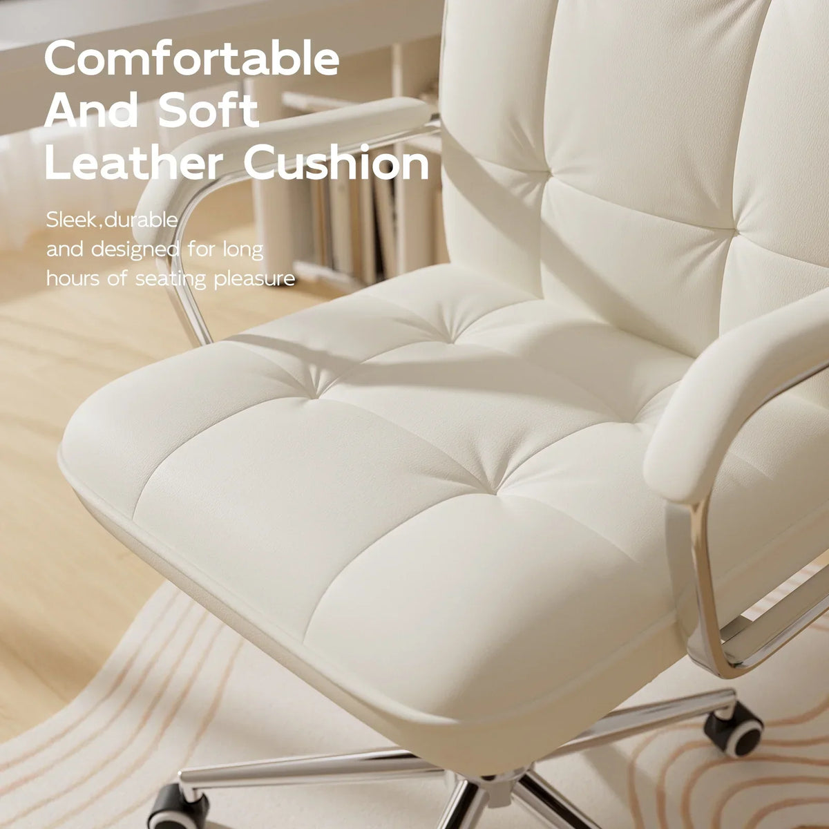 2026 NewSolfway White Office Chair, Swivel Leather Computer Desk Chair with Wheels and Padded Arms, Executive Office Chair for Adults