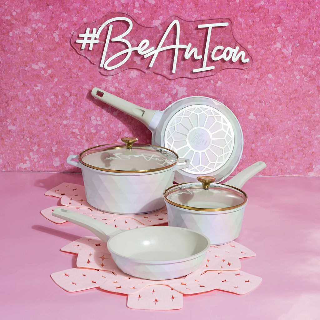 2026 NewParis Hilton 10-Piece Ceramic Nonstick Cast Aluminum Cookware Set, Clean Ceramic Coating, Faceted Pink Design