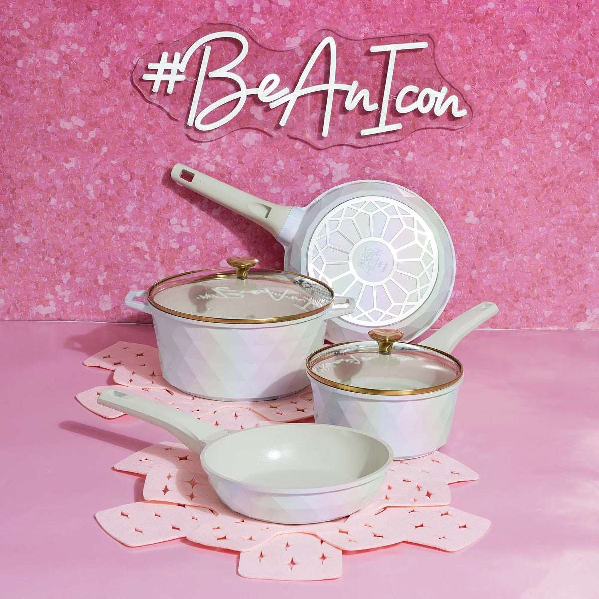 2026 NewParis Hilton 10-Piece Ceramic Nonstick Cast Aluminum Cookware Set, Clean Ceramic Coating, Faceted Pink Design