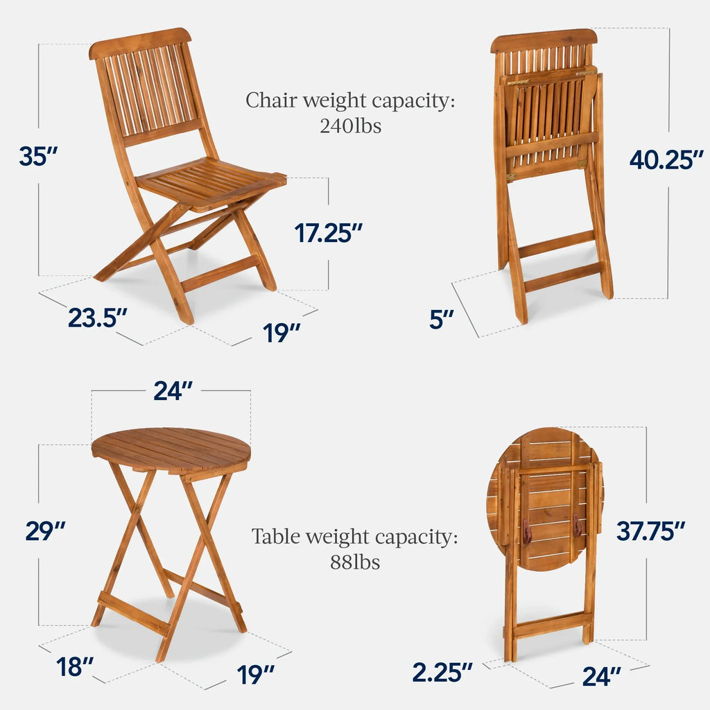 2026 NewBest Choice Products 3-Piece Acacia Wood Bistro Set, Folding Patio Furniture w/ 2 Chairs, Table - Natural