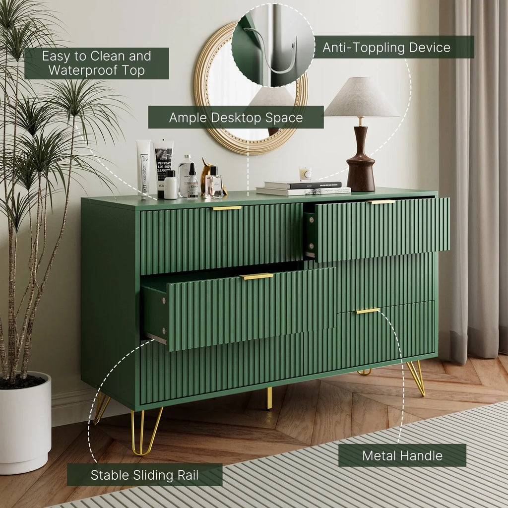 2026 NewFURNIWAY White 6 Drawer Dresser for Bedroom, Modern Dresser with Gold Metal Handles,Fluted Wood TV Stand for Living Room, Hallway