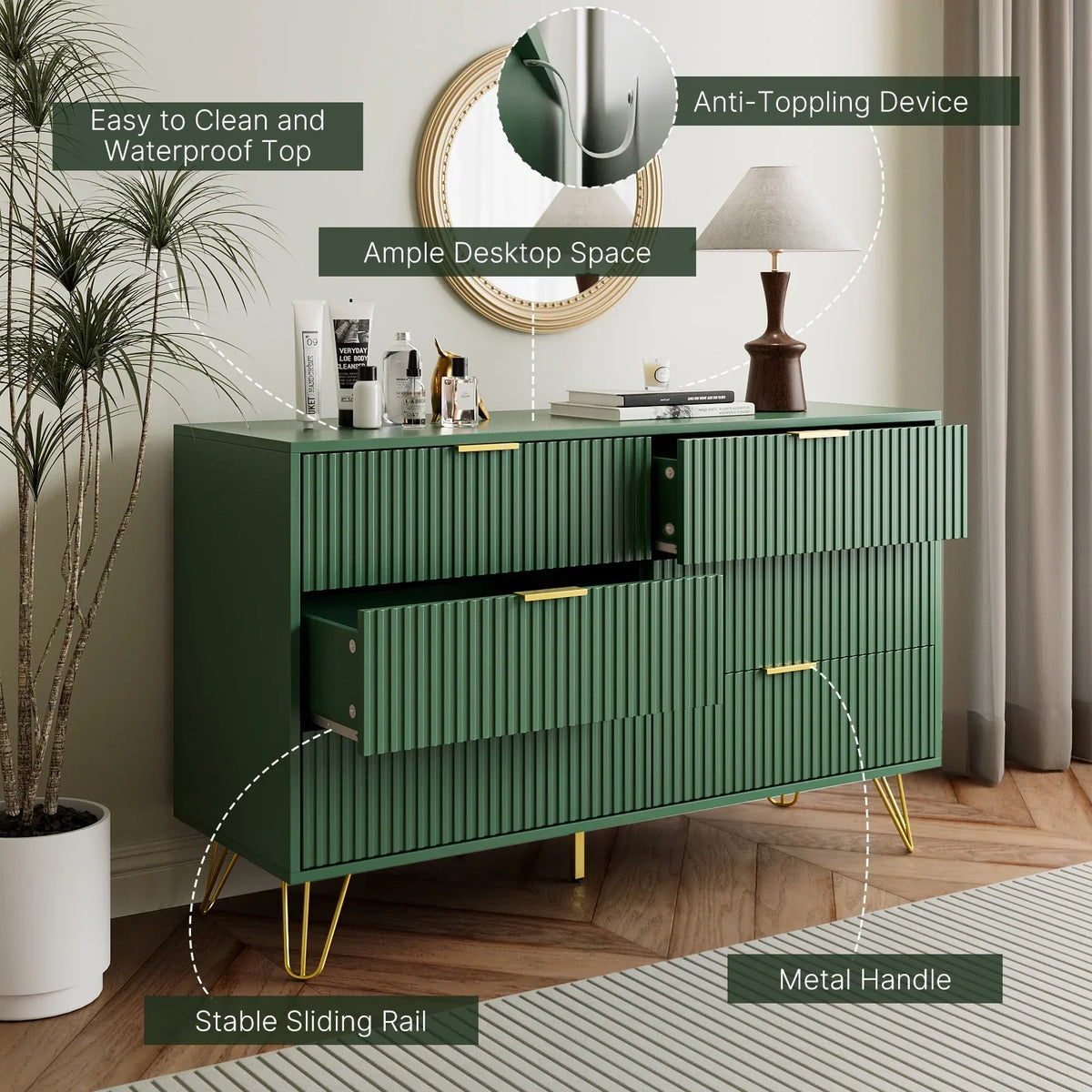 2026 NewFURNIWAY White 6 Drawer Dresser for Bedroom, Modern Dresser with Gold Metal Handles,Fluted Wood TV Stand for Living Room, Hallway