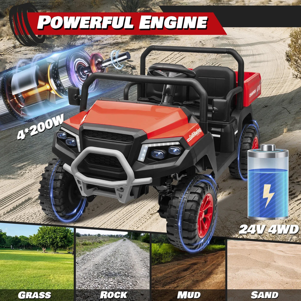 2026 NewJoyracer 4WD 24 Volt Ride on Toys UTV with 2 Seater & Remote Control, Kids Electric Golf Cart w/ 4x200W Power Motors, Tiltable Trailer & Shovel, 4 Wheels Spring Suspension, Bluetooth USB Music, Black