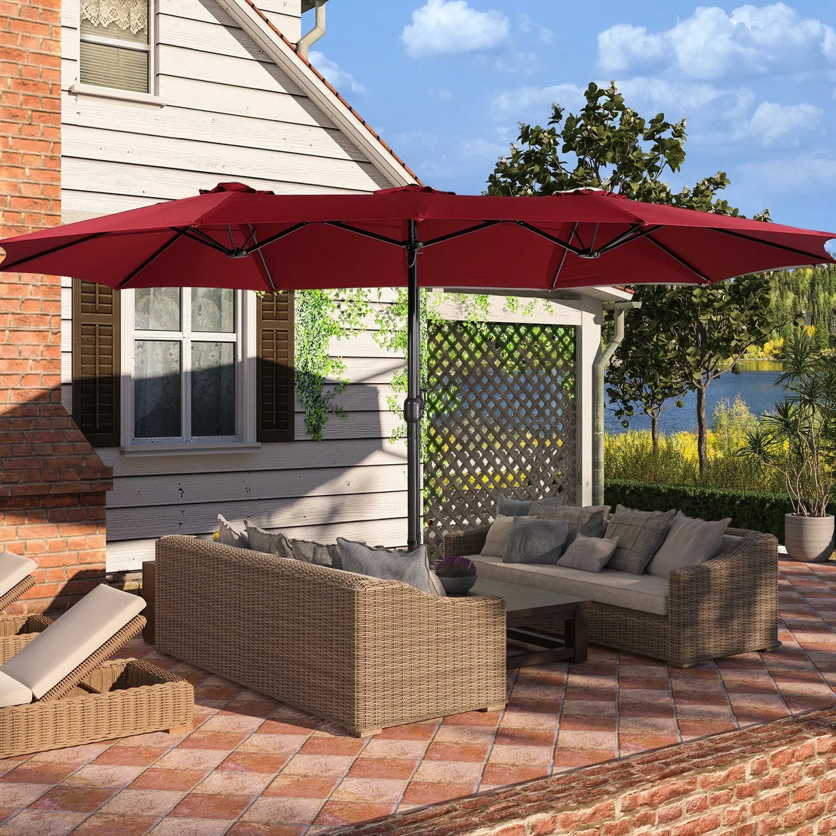 2026 NewMondawe 15ft Patio Umbrella Rectangular Outdoor Market Umbrella with Base and LED Lights Beige